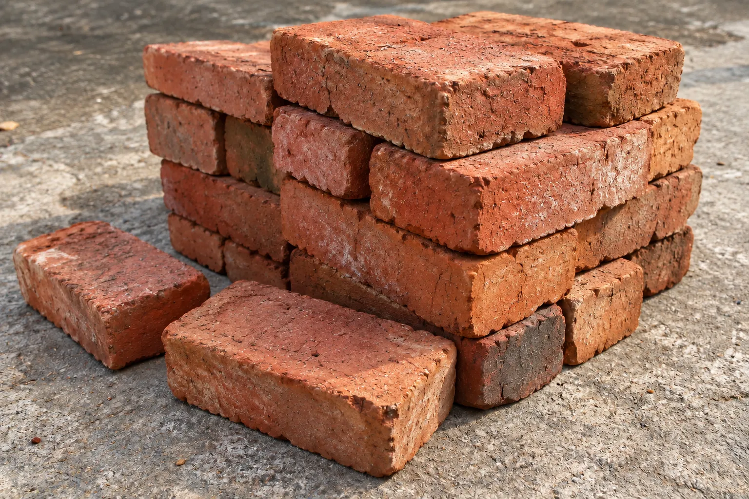 A stack of reclaimed red bricks