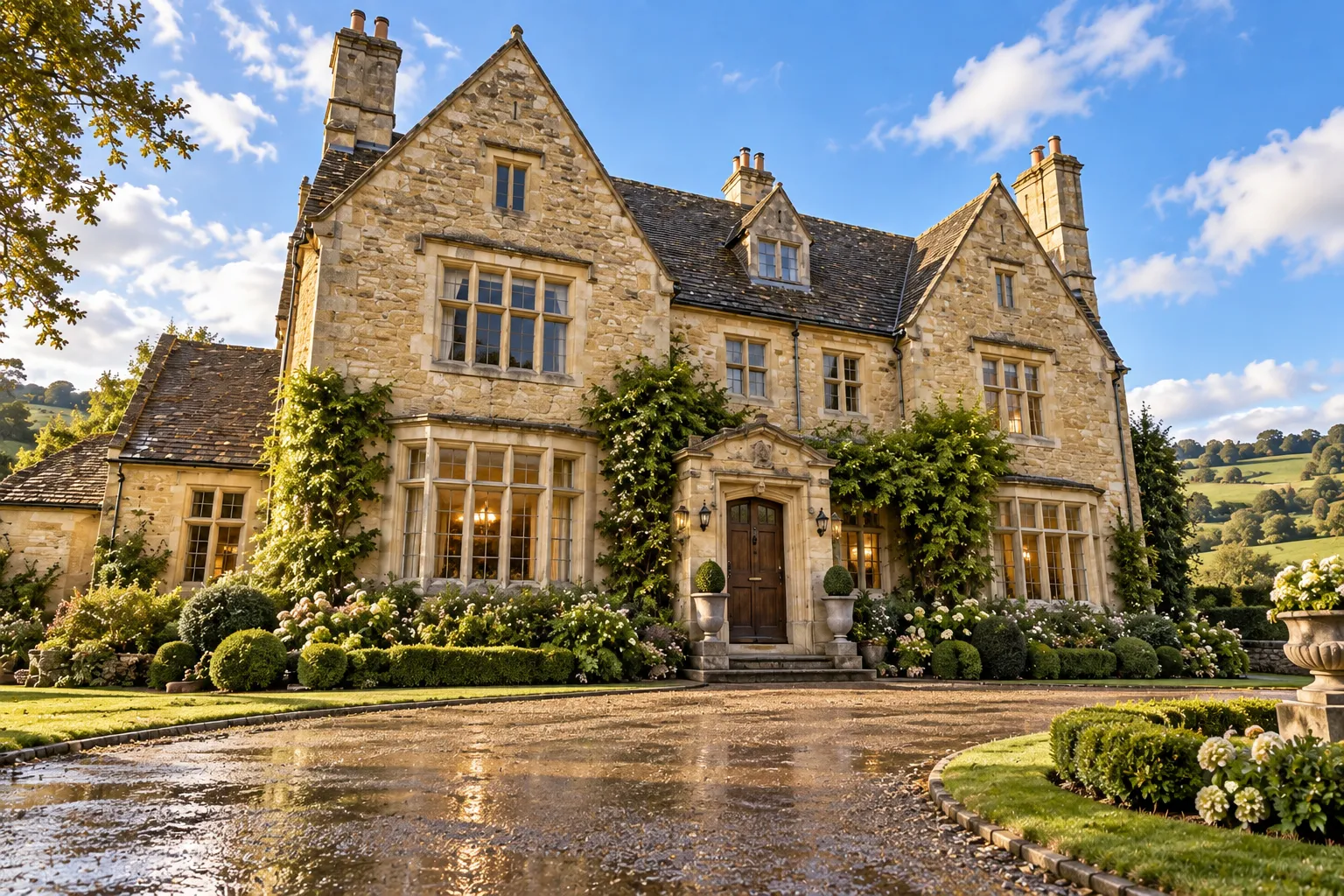 Stone manor house with climbing plants and a gravel drive in the English countryside